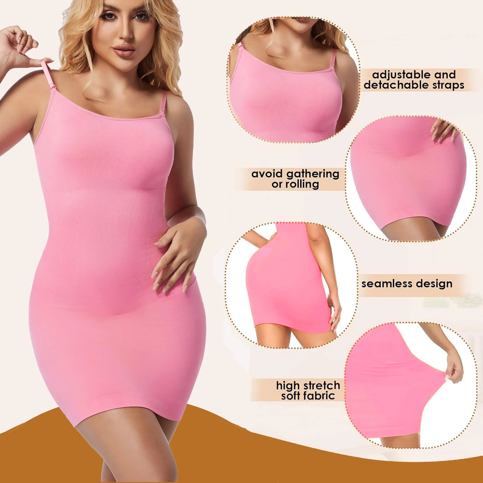 round Neck Shapewear Slip for Women Tummy Control Body Shaper under Dress Seamless Lingerie with Adjustable Straps